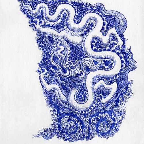 A pen and ink drawing of a dragon. The dragon is white and the rest of it is blue.